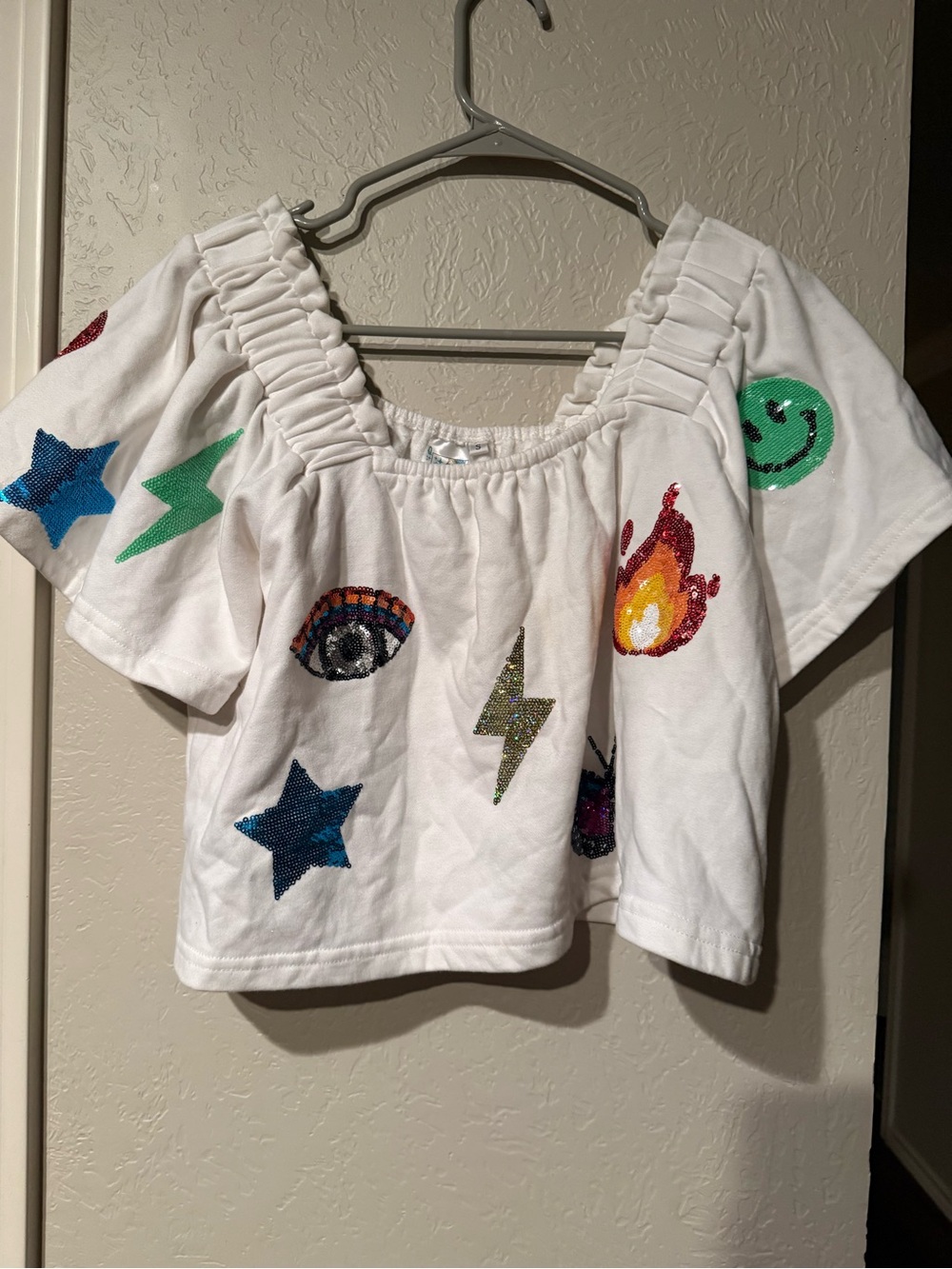 Queen of sparkles size small White Sequin Embellished graphic Off-Shoulder Top